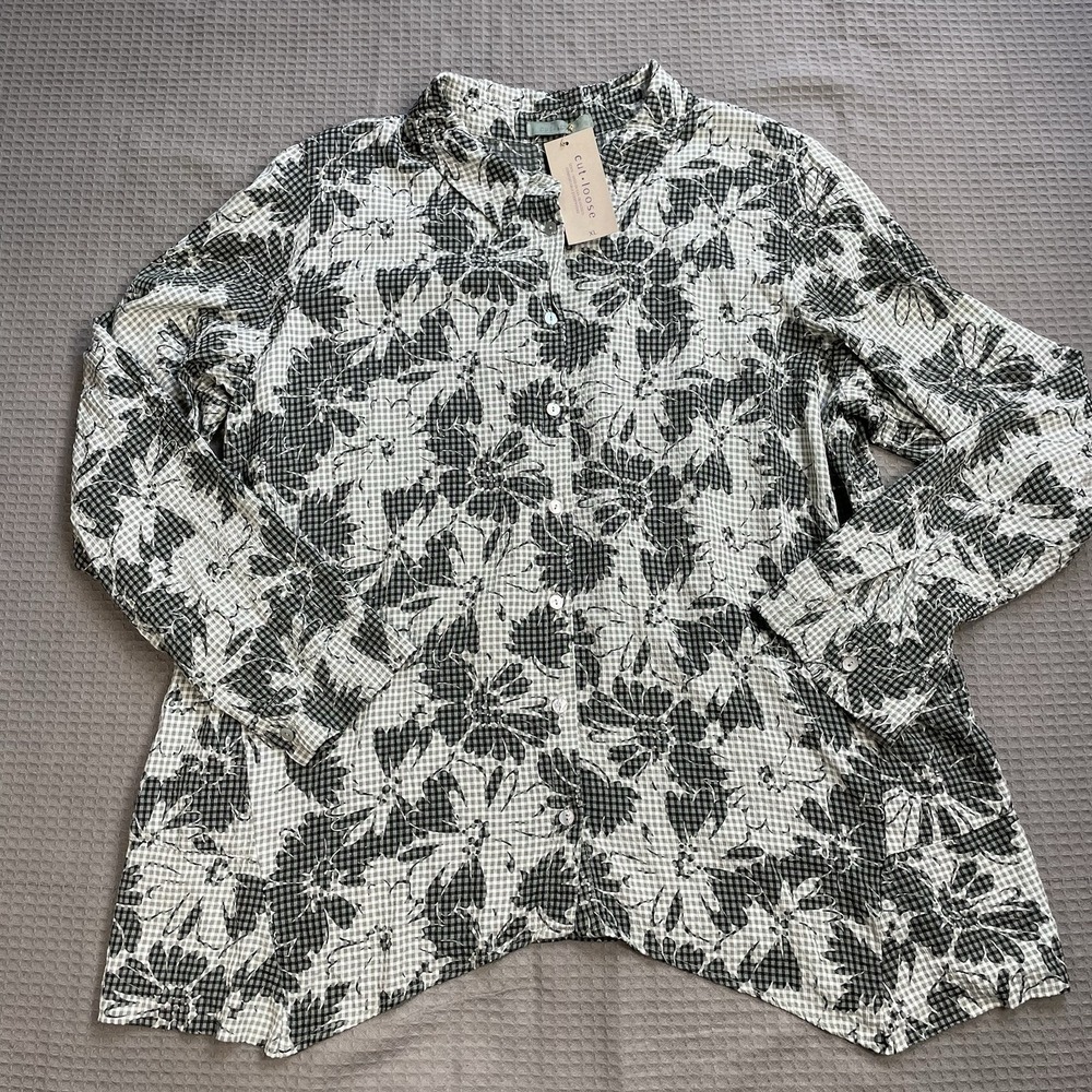 New Cut Loose Blouse Shirt XL Womens Asymmetrical Floral Check Green Lagenlook